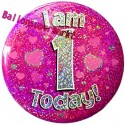 Holografischer Tischaufsteller, Ansteck-Button Zahl 1, Pink, Dekoration zum 1. Geburtstag, Mädchen