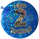 Holografischer Tischaufsteller, Ansteck-Button Zahl 2, Blau, Dekoration zum 2. Geburtstag, Junge
