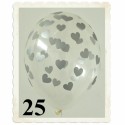 Luftballons, Latex 30 cm Ø, 25 Stück, Transparent mit Herzen in Silber