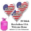 Luftballons-Helium-Set, 20 USA-Ballons, Welcome Home, aus Folie mit 2,2 Liter Helium-Einweg