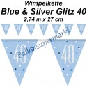 Wimpelkette Blue & Silver Glitz 40, Dekoration 40. Geburtstag