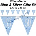 Wimpelkette Blue & Silver Glitz 50, Dekoration 50. Geburtstag