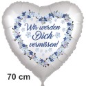 Wir werden Dich vermissen! Vergissmeinnicht. Herzluftballon aus Folie, satinweiß, 70 cm, inklusive Helium-Ballongas