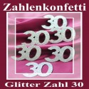 Zahlendeko Konfetti, silber Glitter, Zahl 30 