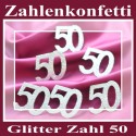 Zahlendeko Konfetti, silber Glitter, Zahl 50 