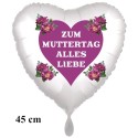 ZUM MUTTERTAG ALLES LIEBE, weißer Herzluftballon mit Herz und Blumen aus Folie mit Ballongas-Helium