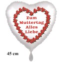 Zum Muttertag alles Liebe, weißer Herzluftballon aus Folie mit Ballongas-Helium