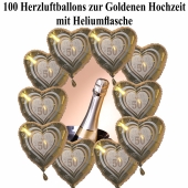 Ballons Helium Set Maxi Goldene Hochzeit. 100 goldene Herzluftballons mit Heliumflasche