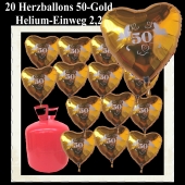 20 Herzballons 50 Gold mit dem 2,2 Liter Helium-Einwegbehälter, Dekoration Goldene Hochzeit