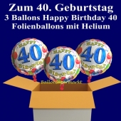 3 Luftballons mit Helium zum 40. Geburtstag, Happy Birthday Balloons, 40