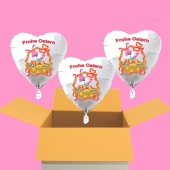 3 Osterhasen Luftballons, Osterkorb mit Ostereiern, weiße Herzluftballons mit Helium, Frohe Ostern