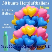 30 bunte Herzluftballons, Ballons-Helium-Set, 2,1 Liter Ballongas zur Hochzeit