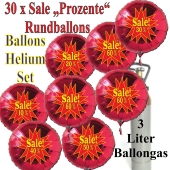 30 Stück Sale-Prozente Helium-Luftballons in Rot, 10 Prozent, 20 Prozent, 30 Prozent, 40 Prozent, 50 Prozent, 60 Prozent, Rundballons in Rot mit Heliumflasche