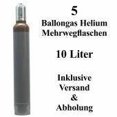 5 Ballongas Helium 10 Liter, 14 Tage Verleih, Mehrwegflaschen