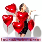 5 Herzluftballons in Rot mit Ballongas Helium zum Valentinstag