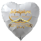 Herzballon aus Folie, Goldene Hochzeit, weiß. Mit Namen der Brautleute und Daten der Hochzeitstage