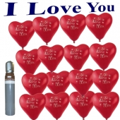 Ballons Helium Set 50 rote Herzluftballons I Love You mit Ballongasflasche