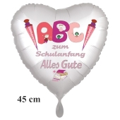 Alles Gute zum Schulanfang! Herzluftballon, satinweiß, 45 cm