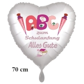 Alles Gute zum Schulanfang! Herzluftballon, satinweiß, 70 cm