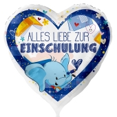 Alles Liebe zur Einschulung. Weißer Luftballon mit Ballongas, Blau,  Helium gefüllt zum Schulanfang