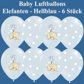 Baby Luftballons, Elefanten mit Luftballontraube, Punkten und Wölkchen, Hellblau, 6 Stück