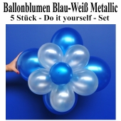 Blau-Weiße Metallic Ballonblumen, Ballondeko Blumen aus Luftballons zum Selbermachen, Set, 5 Stück