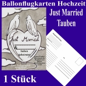 Ballonflugkarte Hochzeit Just Married, Hochzeitstauben, Postkarte zum Abhängen an Luftballons, 1 Stück