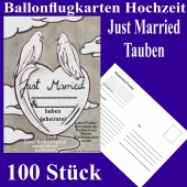 Ballonflugkarten Hochzeit Just Married, Hochzeitstauben, Postkarten zum Abhängen an Luftballons, 100 Stück
