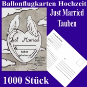 Ballonflugkarten Hochzeit Just Married, Hochzeitstauben, Postkarten zum Abhängen an Luftballons, 1000 Stück