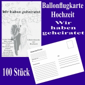 Ballonflugkarten Hochzeit, Wir haben geheiratet, Postkarten zum Abhängen an Luftballons, 100 Stück