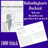 Ballonflugkarten Hochzeit, Wir haben geheiratet, Postkarten zum Abhängen an Luftballons, 1000 Stück