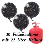 Silvester Helium Einweg Set, 20 schwarze Luftballons aus Folie, Happy New Year, Silvester