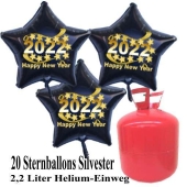 Silvester Helium Einweg Set, 20 schwarze Luftballons aus Folie, Sterne, 2022, Silvester