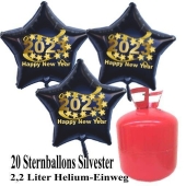 Silvester Helium Einweg Set, 20 schwarze Luftballons aus Folie, Sterne, 2023, Silvester