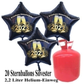 Silvester Helium Einweg Set, 20 schwarze Luftballons aus Folie, Sterne, 2023, Silvester, Frohes Neues Jahr