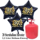 Silvester Helium Einweg Set, 20 schwarze Luftballons aus Folie, Sterne, 2024, Silvester