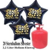 Silvester Helium Einweg Set, 20 schwarze Luftballons aus Folie, Sterne, 2026, Silvester