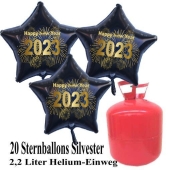 Silvester Helium Einweg Set, 20 schwarze Luftballons aus Folie, Sterne, goldene 2023, Silvester
