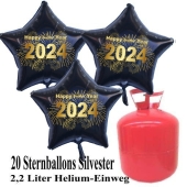 Silvester Helium Einweg Set, 20 schwarze Luftballons aus Folie, Sterne, goldene 2024, Silvester