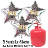 Silvester Helium Einweg Set, 20 Luftballons aus Folie, Sterne, 2023, Silvester