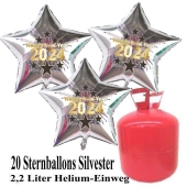 Silvester Helium Einweg Set, 20 Luftballons aus Folie, Sterne, 2024, Silvester