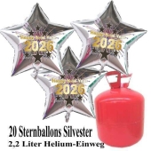 Silvester Helium Einweg Set, 20 Luftballons aus Folie, Sterne, 2026, Silvester