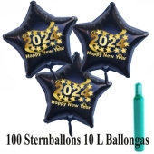 Maxi-Set Silvester, 2024 - Happy New Year, 100 Sternballons aus Folie (Schwarz) mit Helium