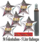 Ballons und Helium Set Silvester, 50 silberne Sternballons: 2024