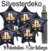Ballons und Helium Set Silvester, 50 Sternballons 2026 - Champagner und Feuerwerk