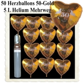 Ballons Helium Set Dekoration Goldene Hochzeit, 50 Herzballons 50 Gold, 5 Liter Helium-Mehrweg