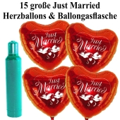 Ballons Helium Set Hochzeit: 15 große Herzluftballons Just Married mit Ballongasflasche