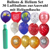 Ballons Helium Set Midi, 30 Luftballons mit Motiven zur Auswahl mit einer 2,5 Liter Heliumflasche