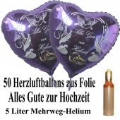 Ballons Helium Set Midi, 50 Herzluftballons aus Folie in Flieder, Alles Gute zur Hochzeit, 5 Liter Mehrweg Ballongas