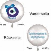 Großer Runduftballon in Satin Weiß, 71 cm "Kücük ufaklik sonunda erkek adam oldu güzel günler gecirmesi dilegiyle"